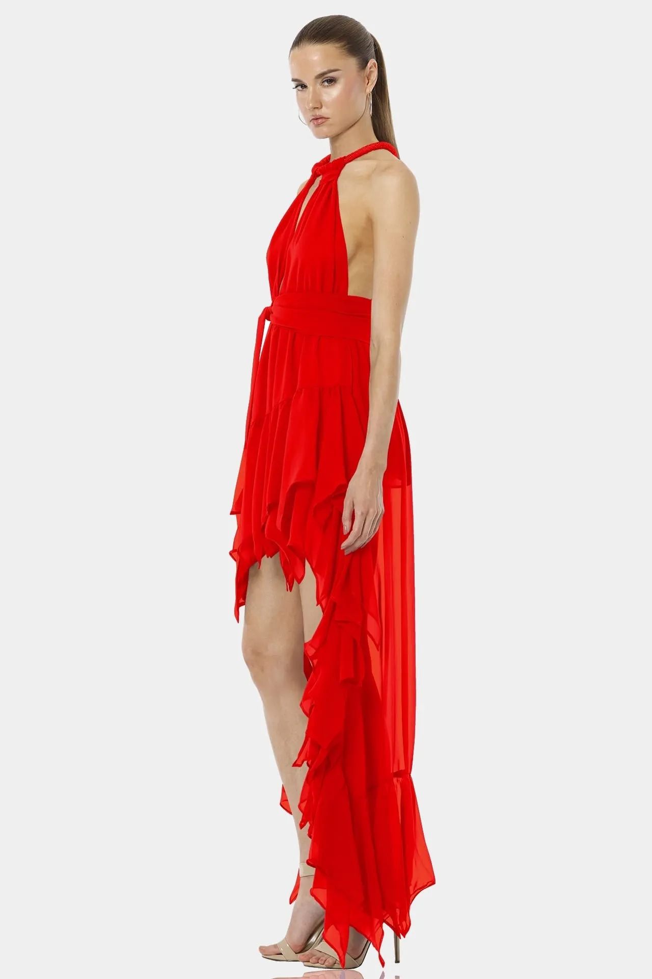 Psarou Red Lava Falls High Low Ruffle Dress
