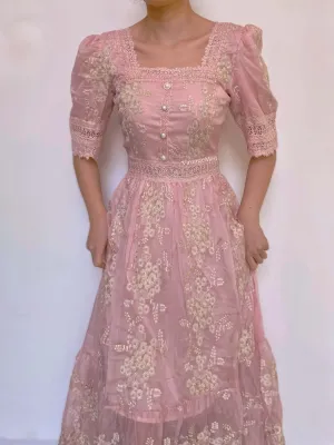Square Neck Lace Trim Floral Midi Dress