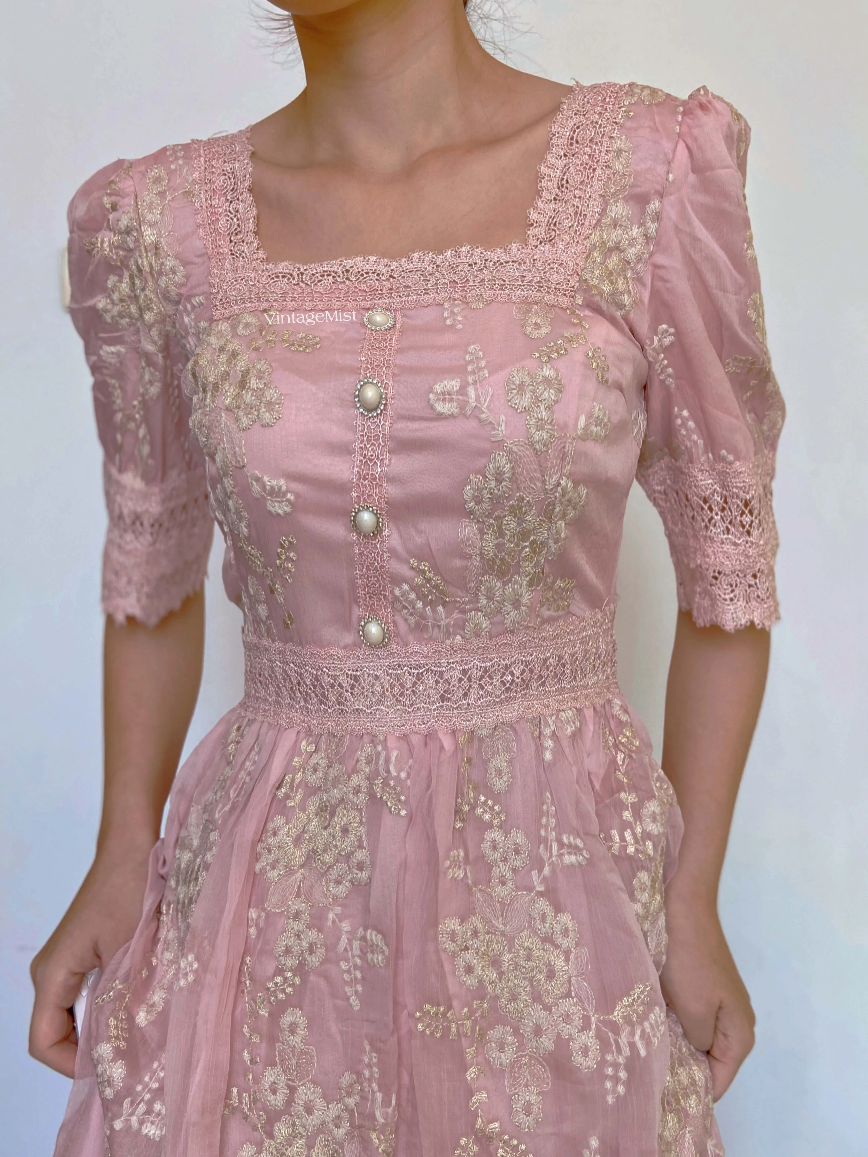 Square Neck Lace Trim Floral Midi Dress