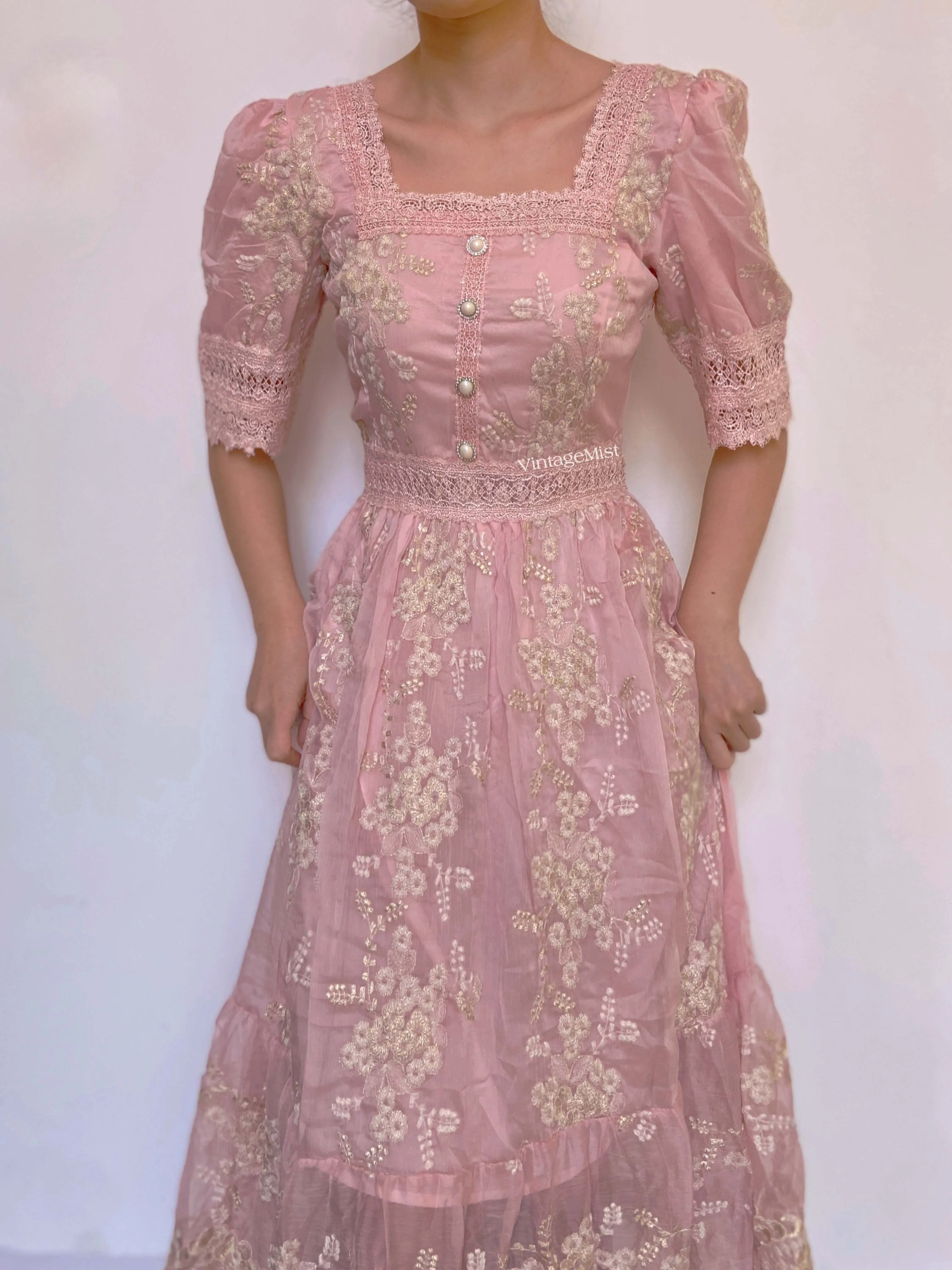 Square Neck Lace Trim Floral Midi Dress
