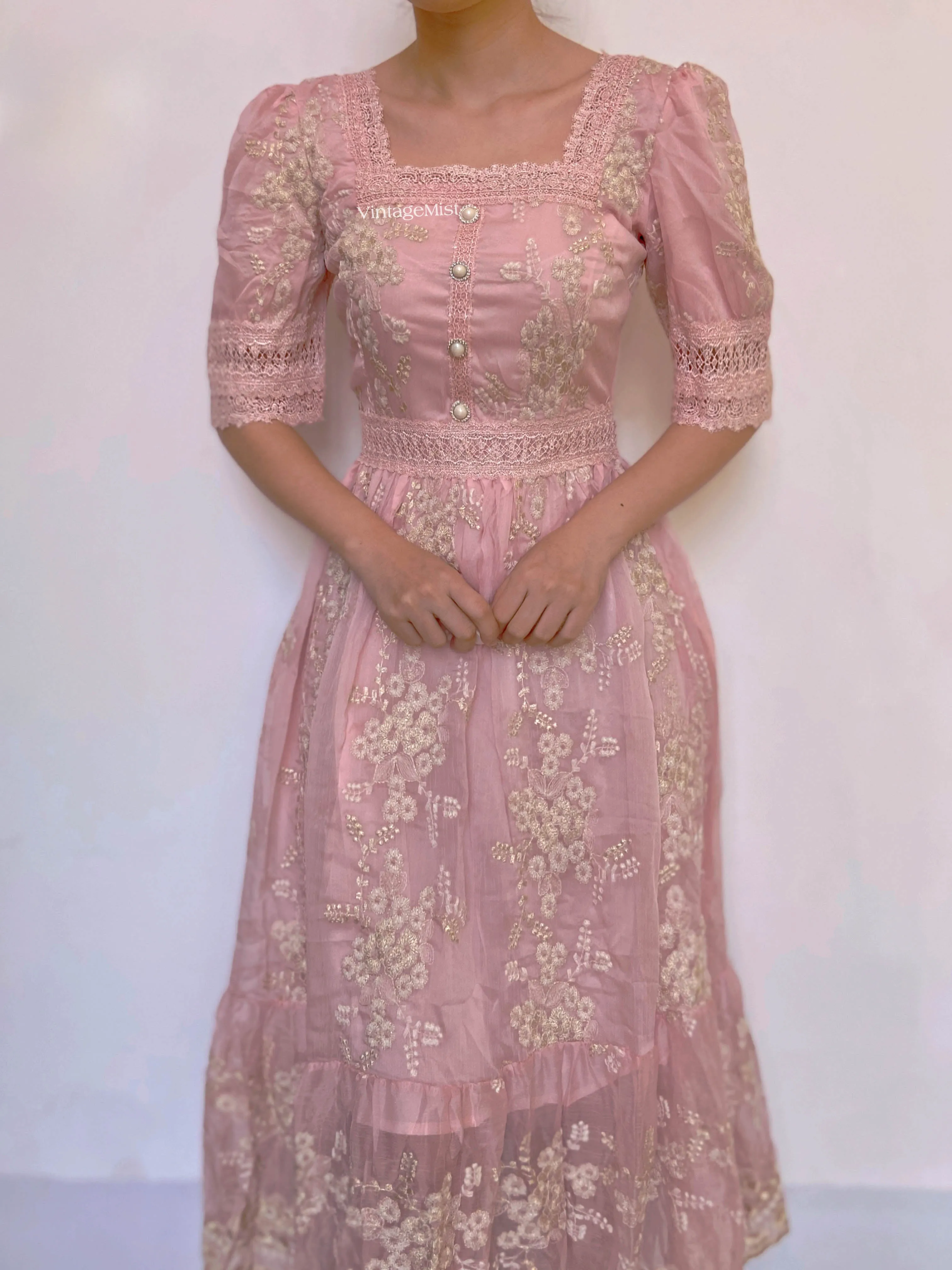 Square Neck Lace Trim Floral Midi Dress