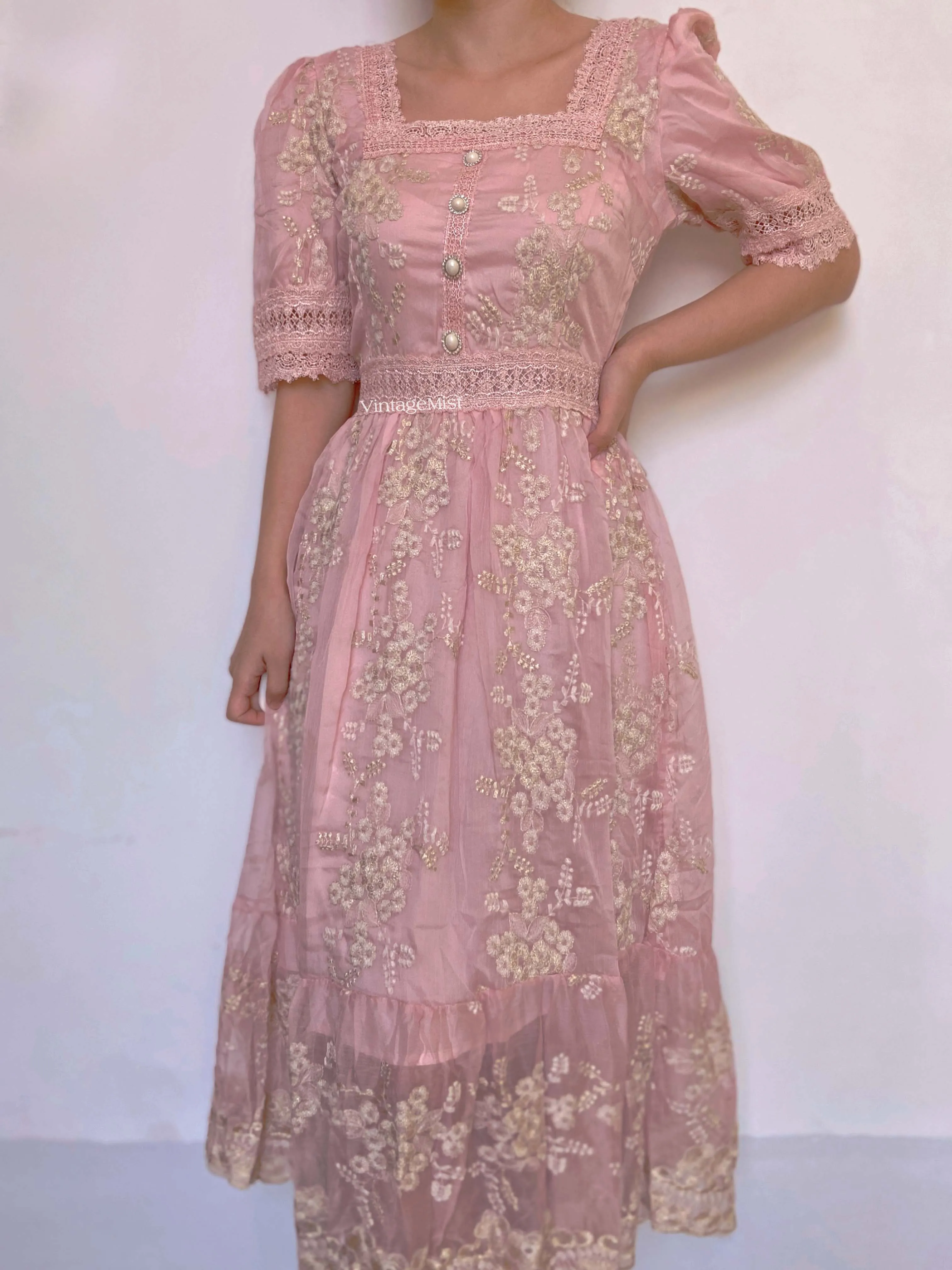Square Neck Lace Trim Floral Midi Dress