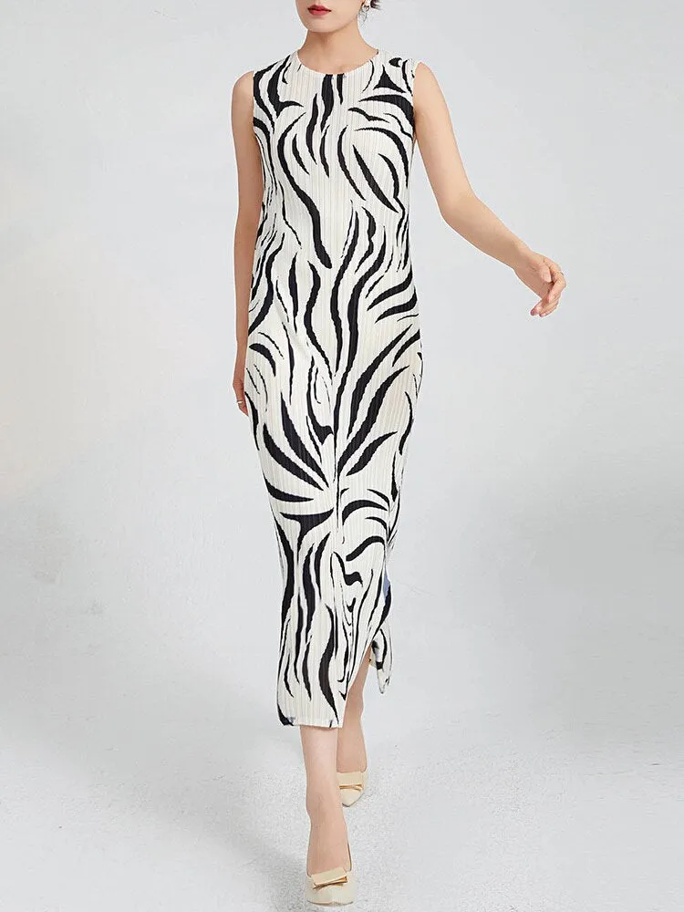 Striped Pleated Sleeveless Dress
