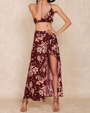 Two Pieces Set Floral Print Women's Split Long Dress