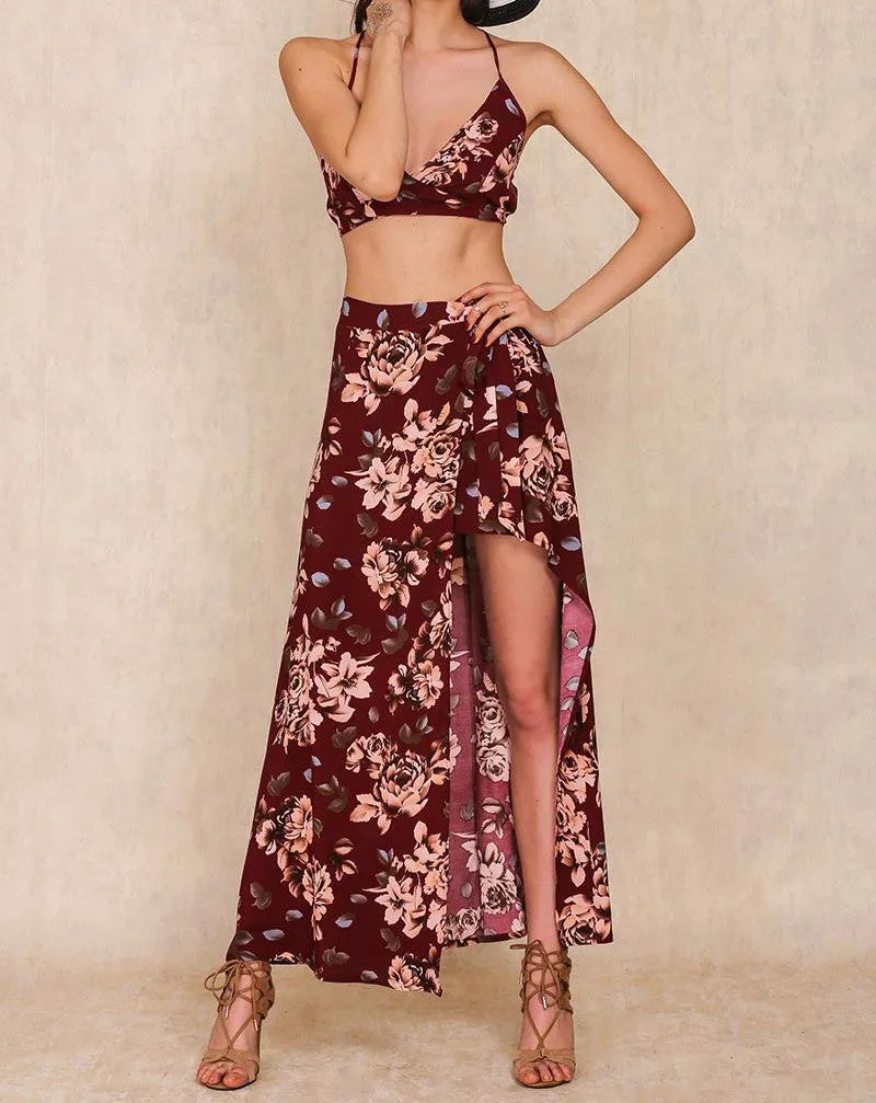 Two Pieces Set Floral Print Women's Split Long Dress