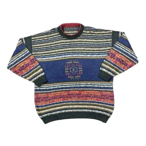 Vintage 90's Colour Block Grandad Patterned Acrylic Cotton Knit Crewneck Sweater Jumper