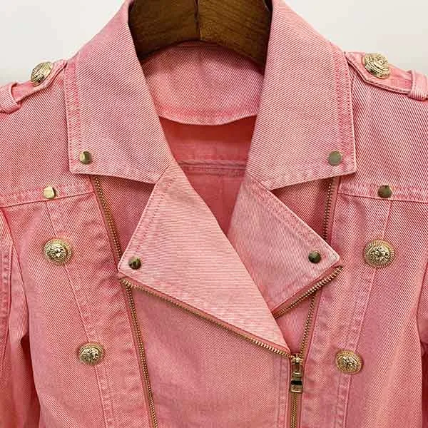 Women's Golden Lion Buttons Belted Denim Biker Jacket Coat Pink