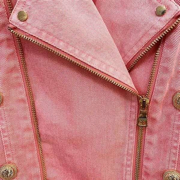 Women's Golden Lion Buttons Belted Denim Biker Jacket Coat Pink