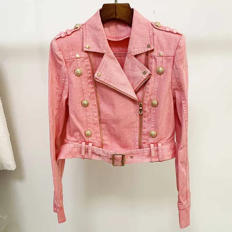 Women's Golden Lion Buttons Belted Denim Biker Jacket Coat Pink
