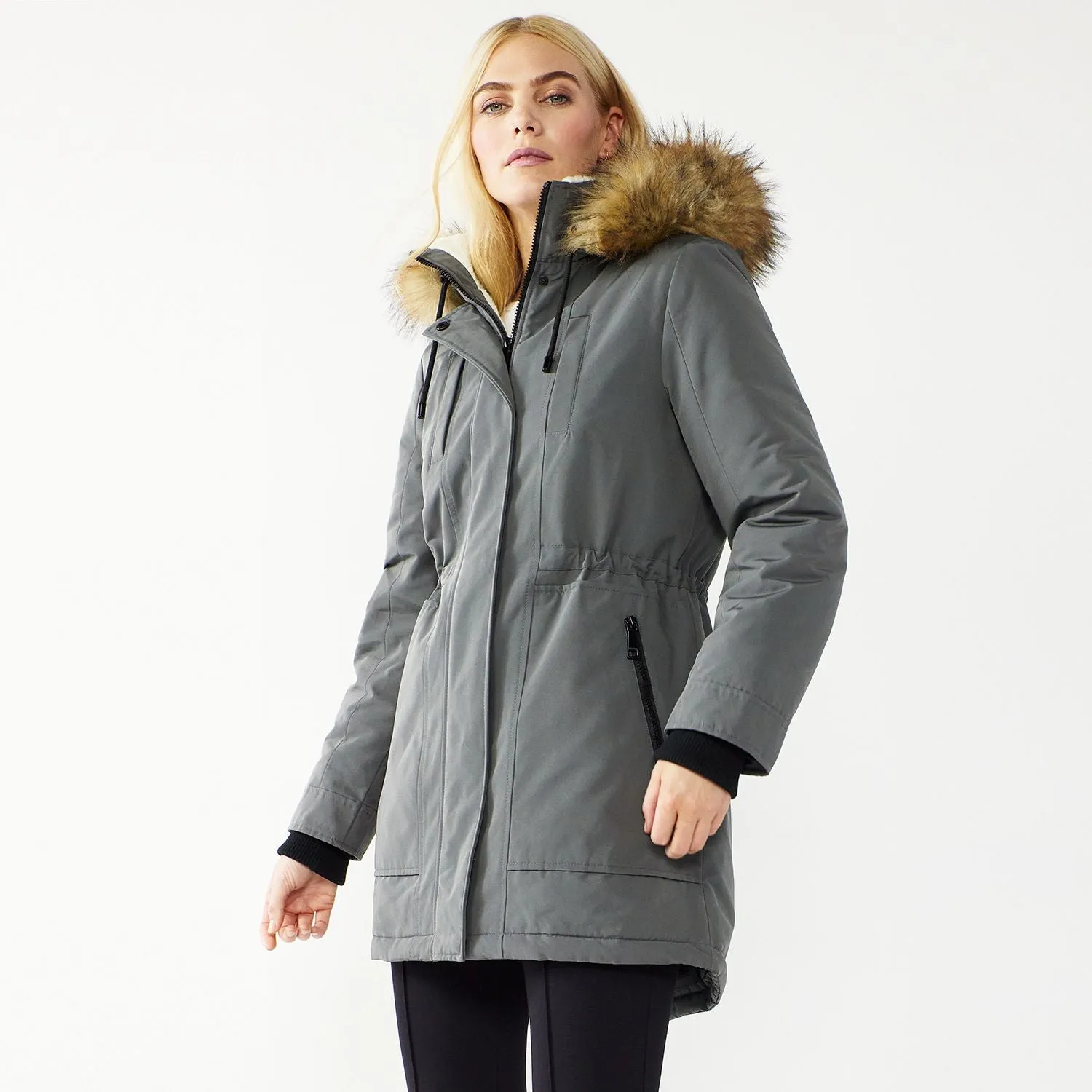 Women's Nine West Sherpa Lined Faux-Fur Hood Storm Weather Parka
