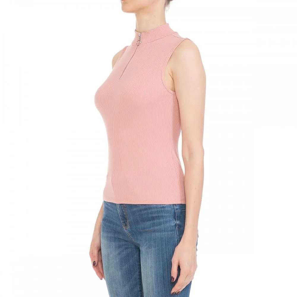 Womens-Ribbed Mock Neck O-Ring Zip Sleeveless Tank Top