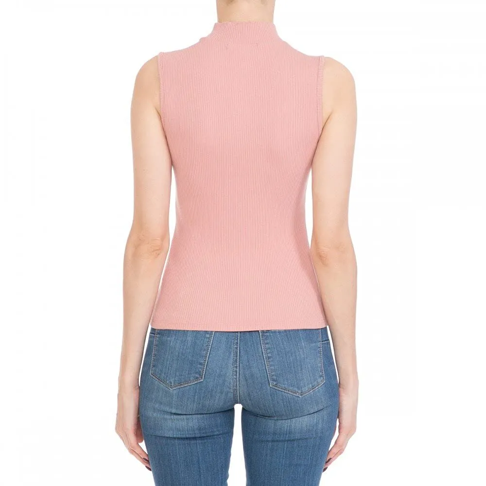 Womens-Ribbed Mock Neck O-Ring Zip Sleeveless Tank Top