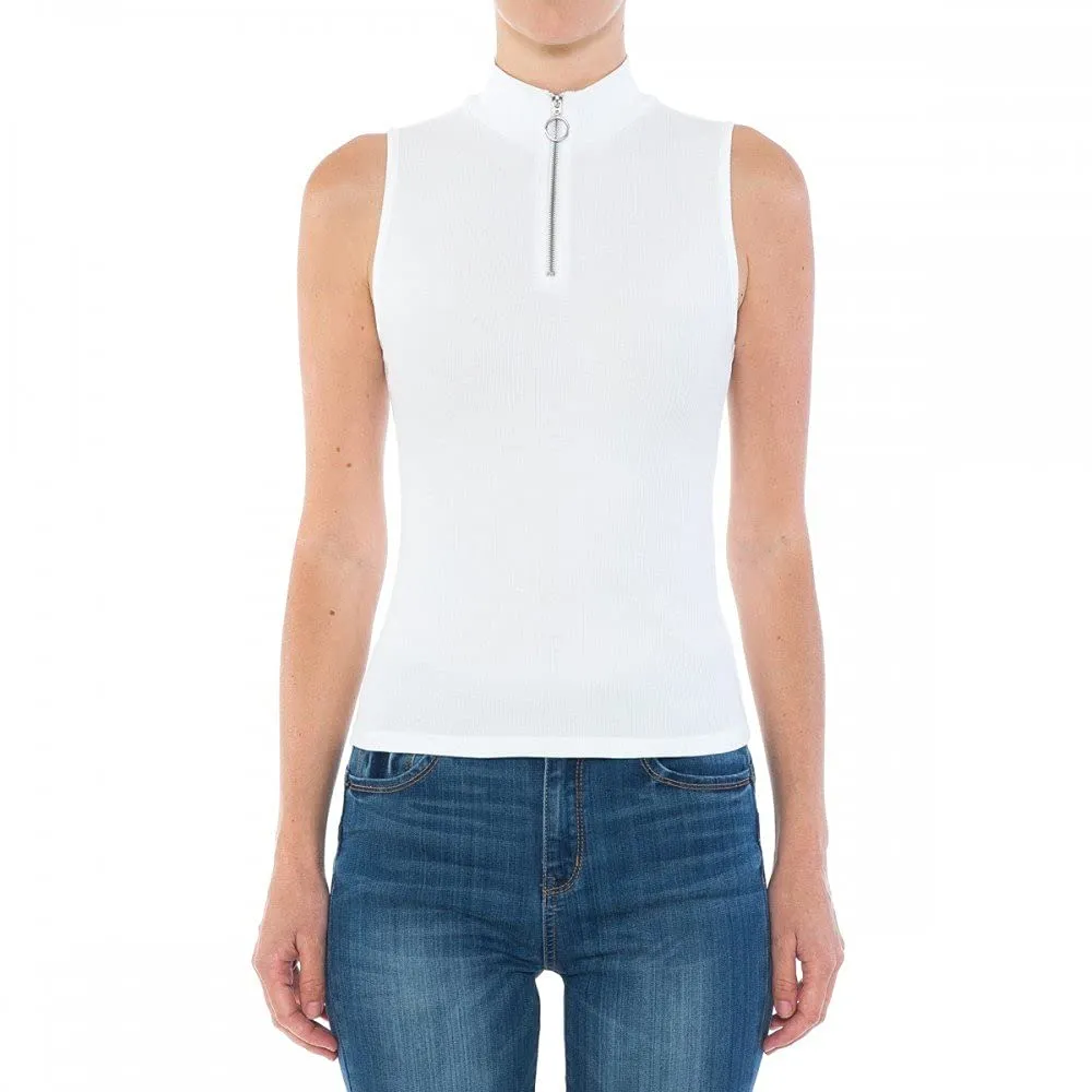 Womens-Ribbed Mock Neck O-Ring Zip Sleeveless Tank Top