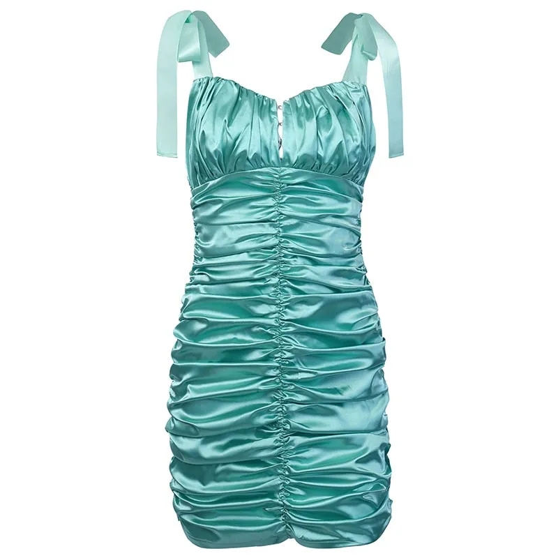 Women's Sleeveless Ruched Solid Silk Mini Dress