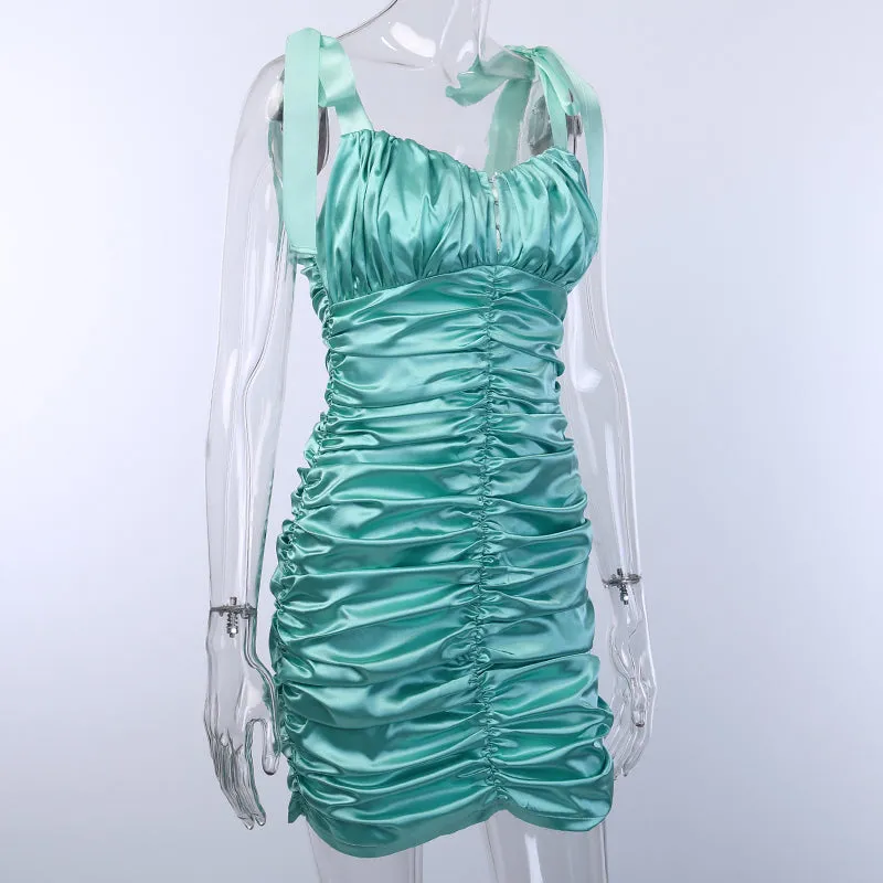 Women's Sleeveless Ruched Solid Silk Mini Dress