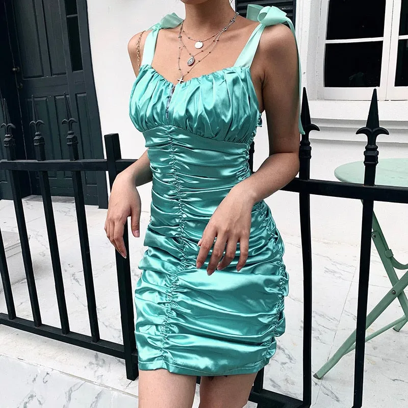 Women's Sleeveless Ruched Solid Silk Mini Dress