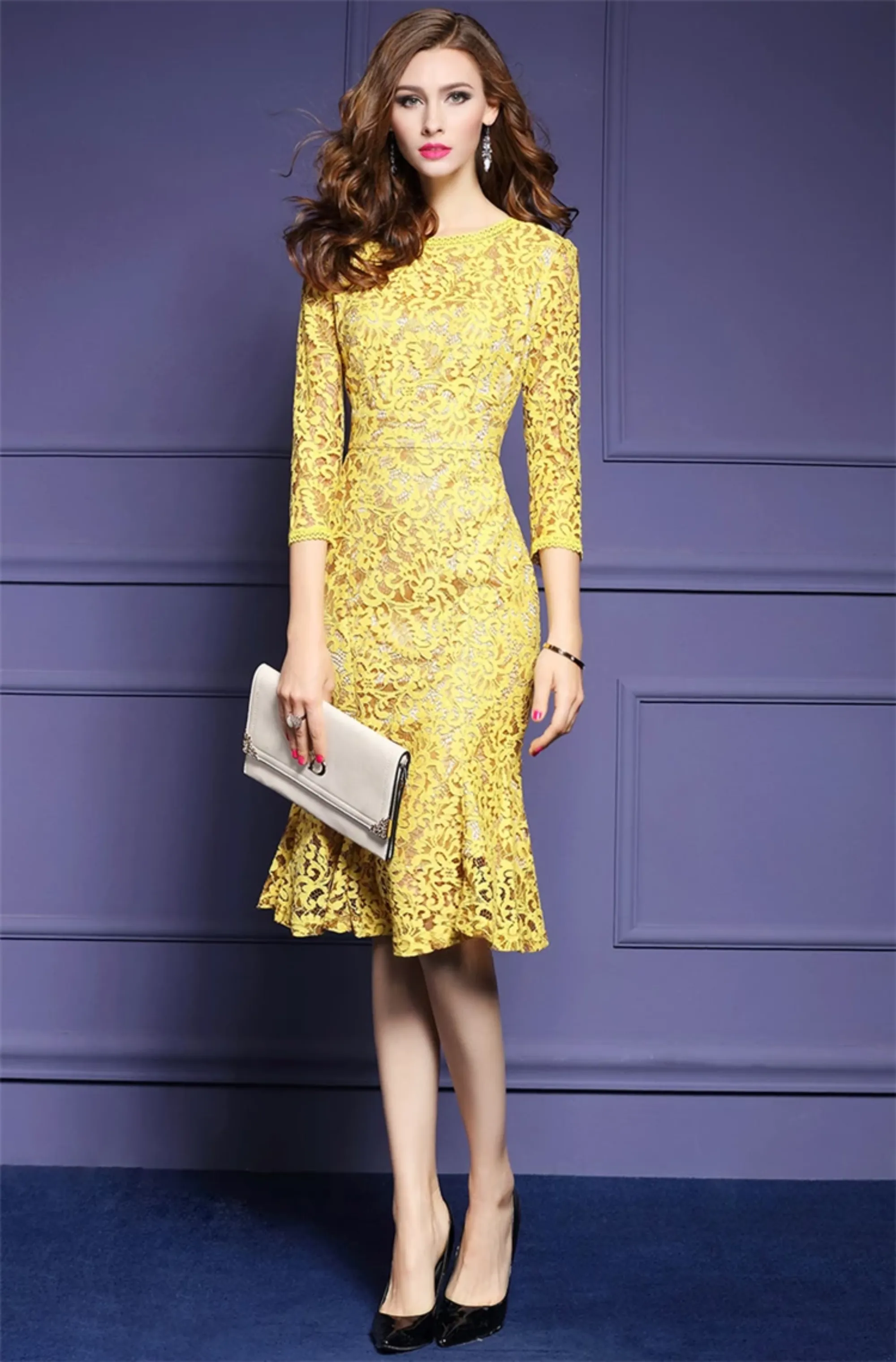 Women's Spring Casual Slim O-Neck Lace Dress