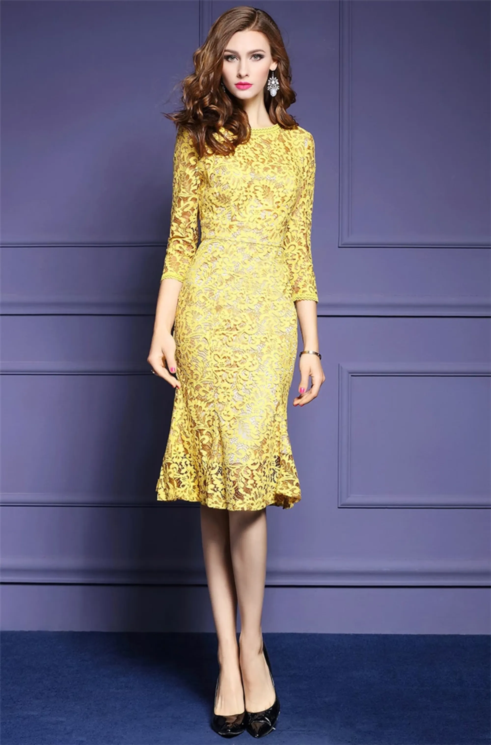 Women's Spring Casual Slim O-Neck Lace Dress