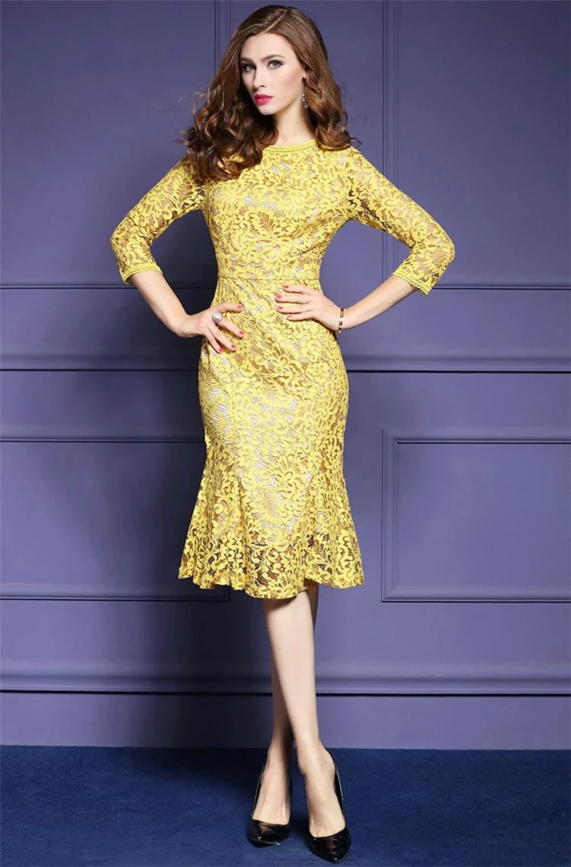 Women's Spring Casual Slim O-Neck Lace Dress