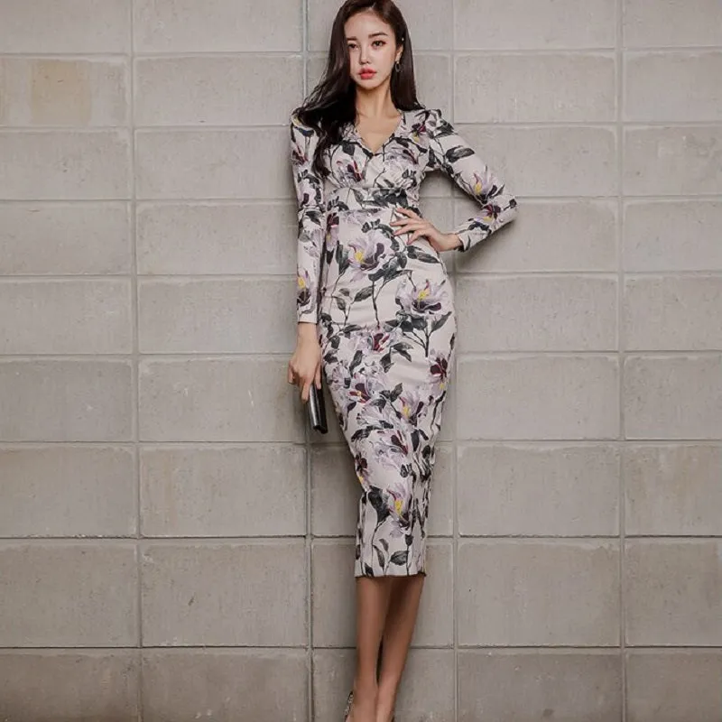 Women's Spring/Autumn Sheath High-Waist Nylon V-Neck Dress