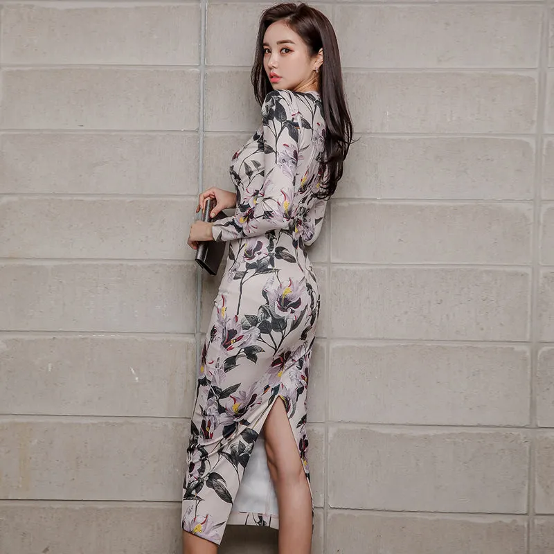 Women's Spring/Autumn Sheath High-Waist Nylon V-Neck Dress