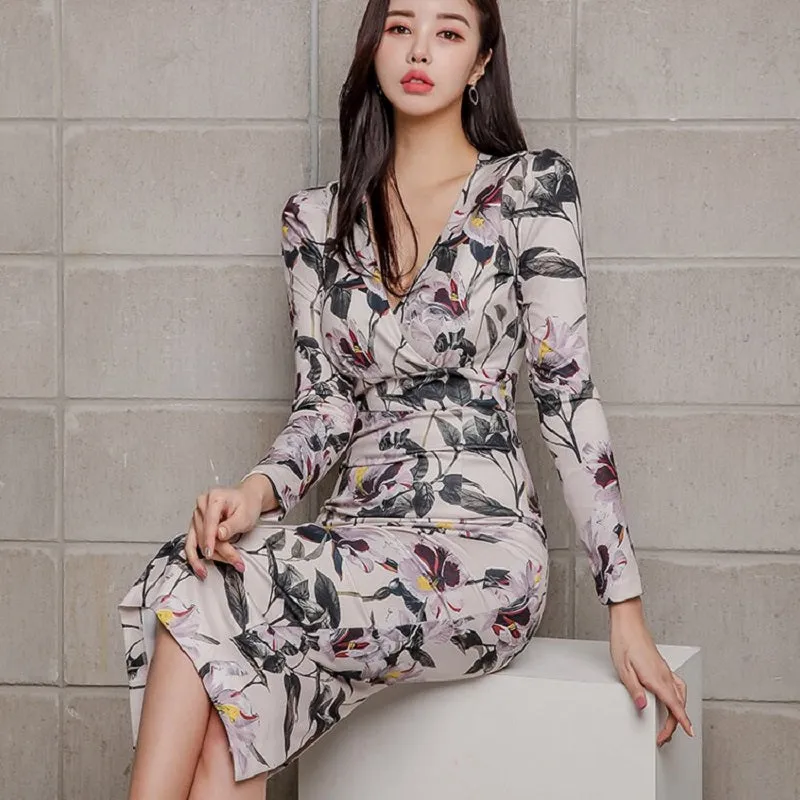Women's Spring/Autumn Sheath High-Waist Nylon V-Neck Dress
