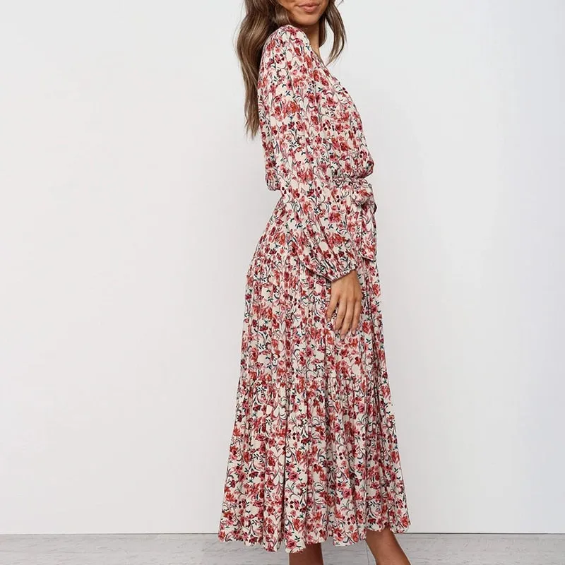Women's Summer Casual Deep V-Neck Long High-Waist Dress