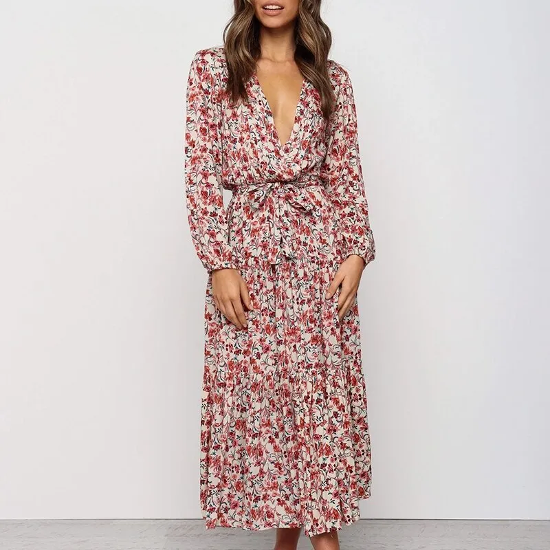 Women's Summer Casual Deep V-Neck Long High-Waist Dress