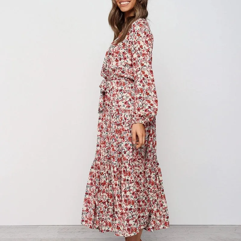 Women's Summer Casual Deep V-Neck Long High-Waist Dress