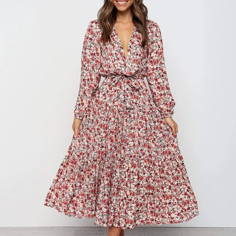 Women's Summer Casual Deep V-Neck Long High-Waist Dress