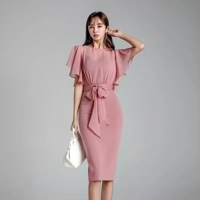 Women's Summer Chiffon Patchwork Sheath Dress With Ruffles