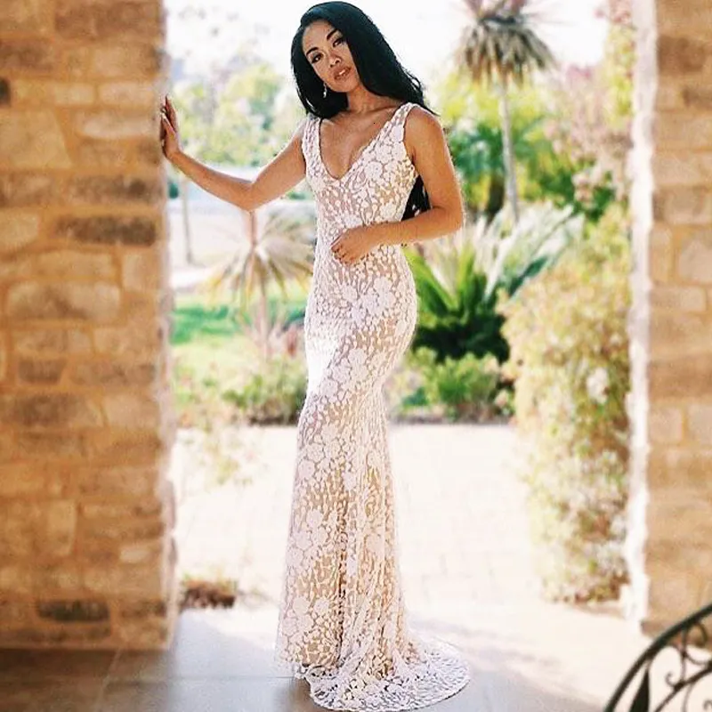 Women's Summer Lace V-Neck Sheath Long Dress