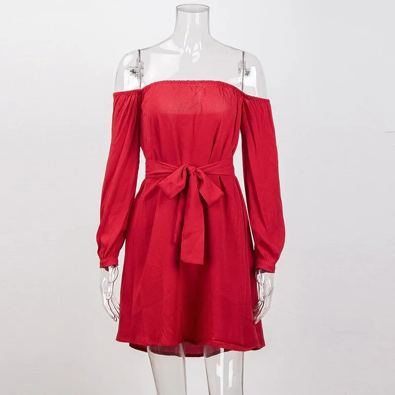 Women's Summer Long-Sleeved Off-Shoulder Strapless Slash Neck Dress