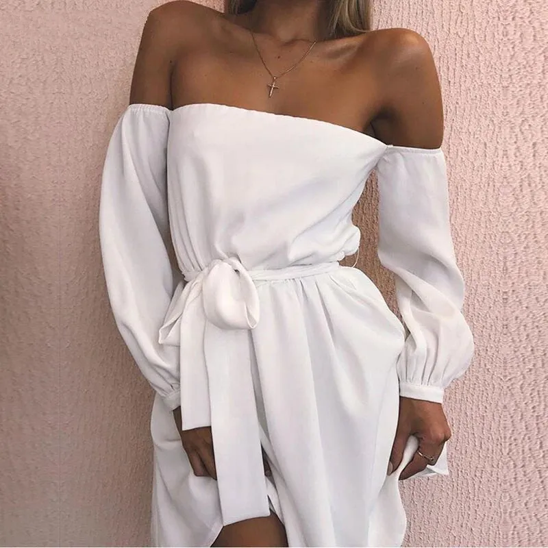 Women's Summer Long-Sleeved Off-Shoulder Strapless Slash Neck Dress