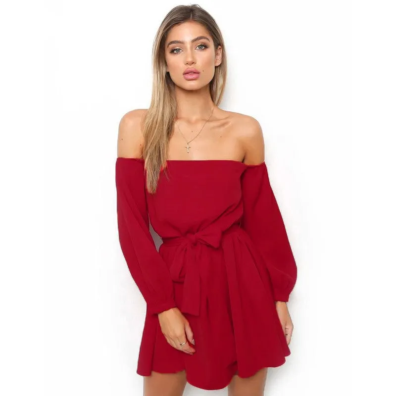 Women's Summer Long-Sleeved Off-Shoulder Strapless Slash Neck Dress