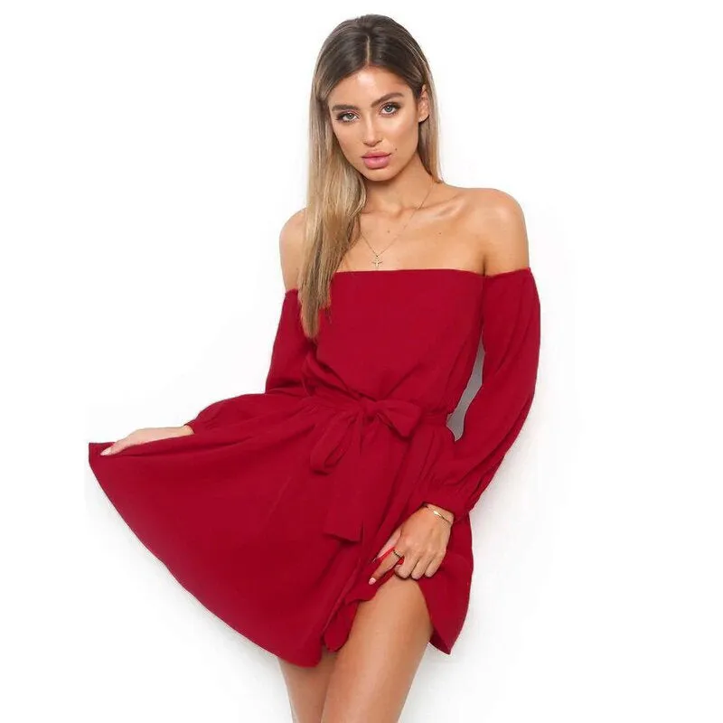 Women's Summer Long-Sleeved Off-Shoulder Strapless Slash Neck Dress