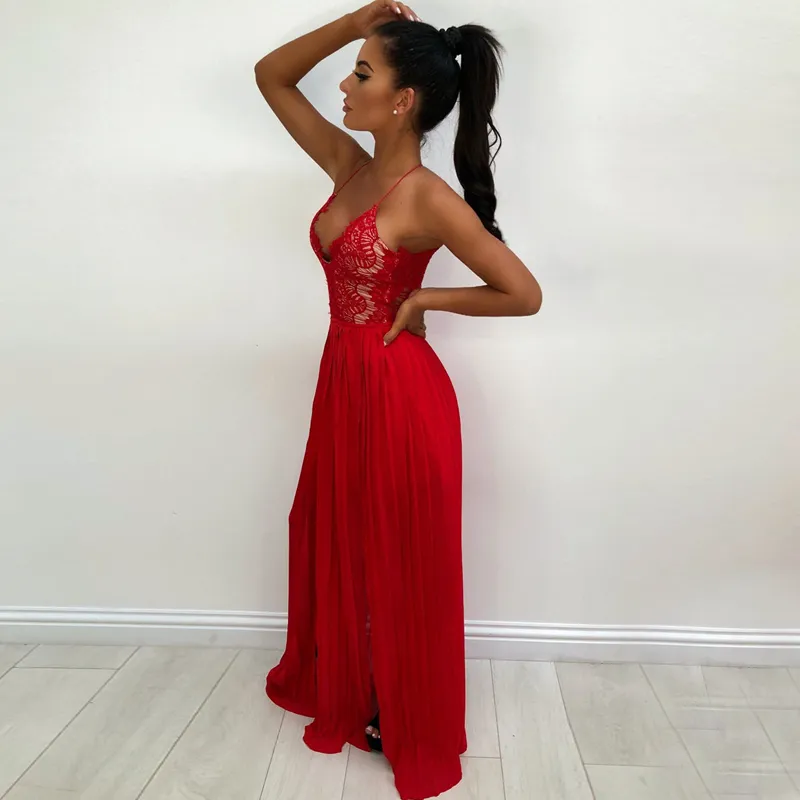 Women's Summer V-Neck Lace High-Waist Long Dress