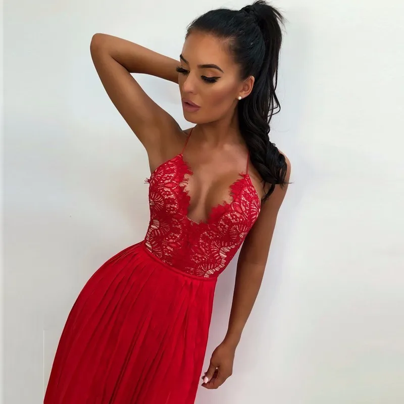Women's Summer V-Neck Lace High-Waist Long Dress