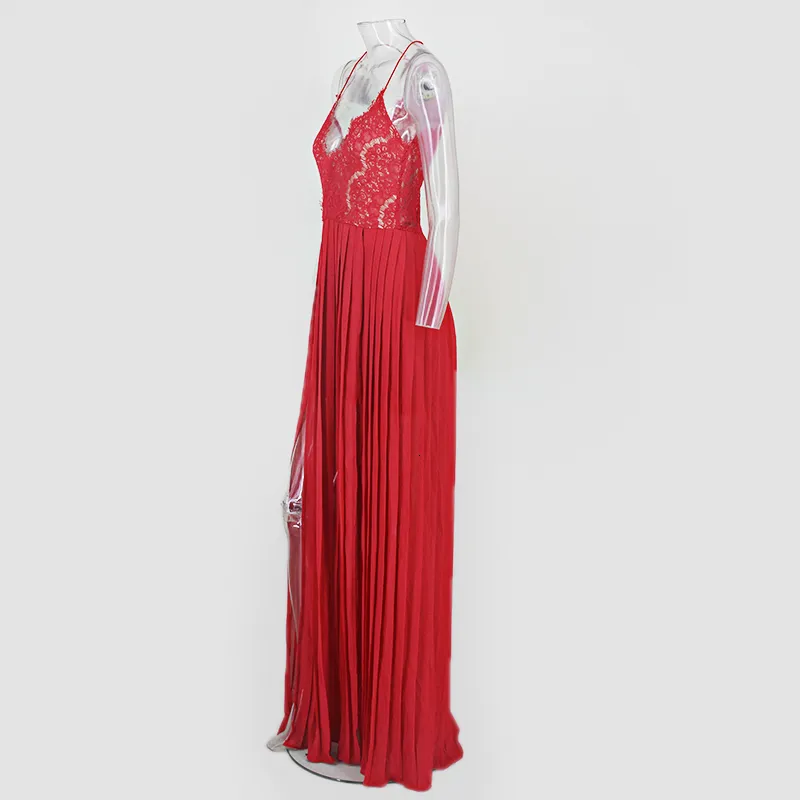 Women's Summer V-Neck Lace High-Waist Long Dress