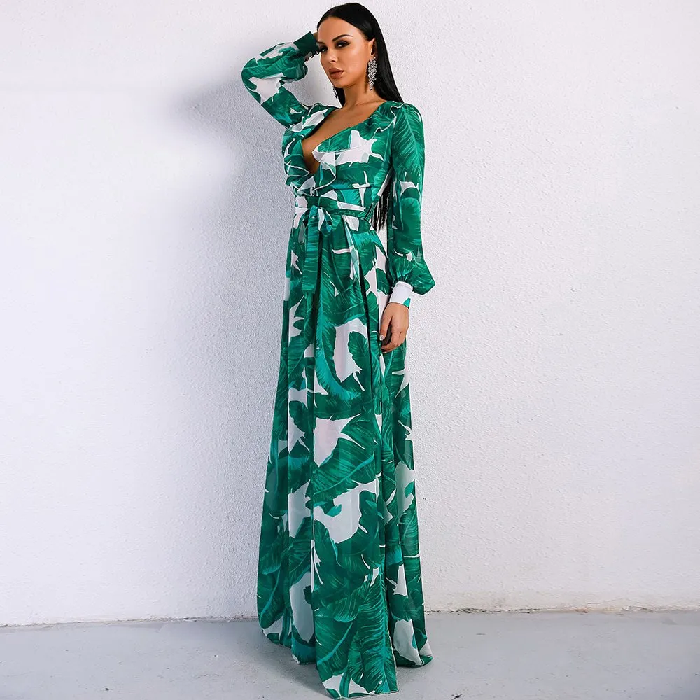Women's Summer V-Neck Long Dress With Split Print