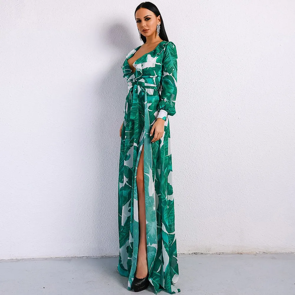 Women's Summer V-Neck Long Dress With Split Print