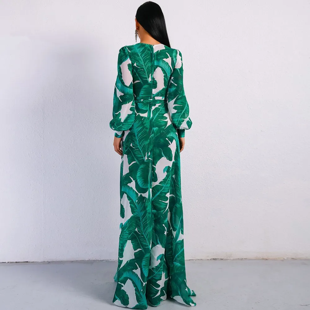 Women's Summer V-Neck Long Dress With Split Print