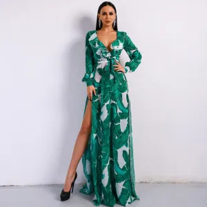 Women's Summer V-Neck Long Dress With Split Print