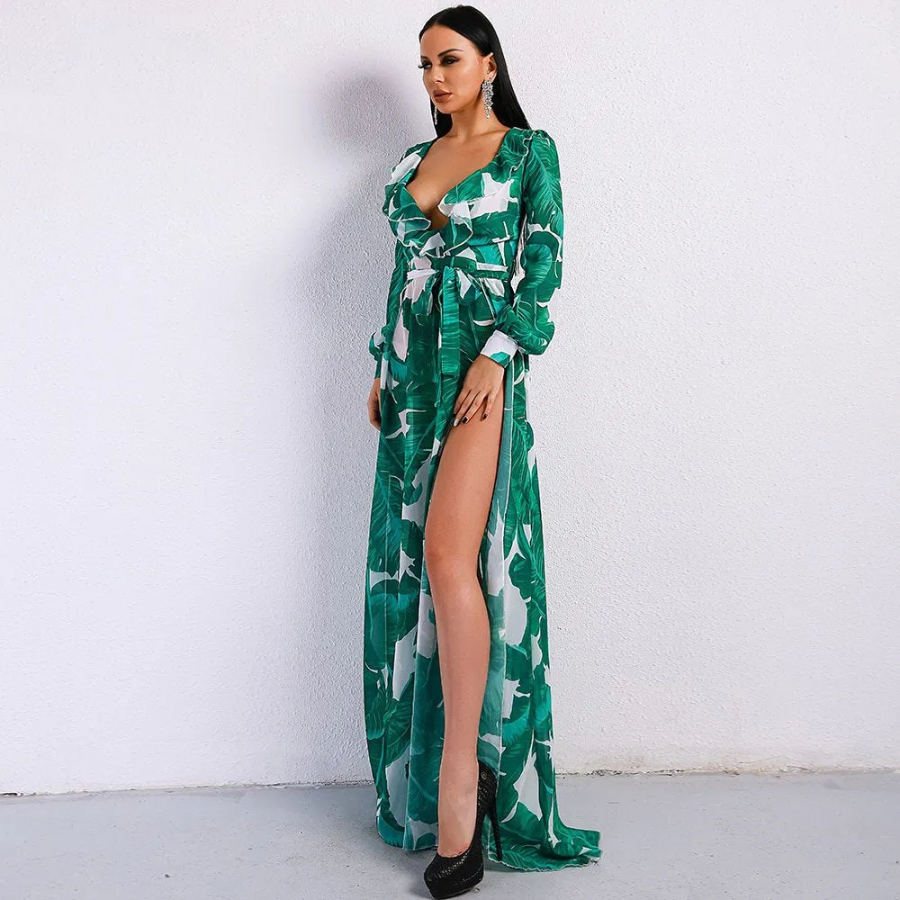 Women's Summer V-Neck Long Dress With Split Print