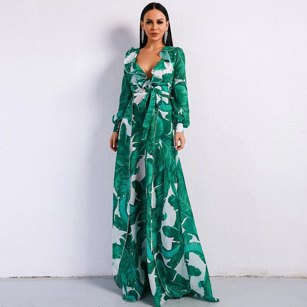 Women's Summer V-Neck Long Dress With Split Print