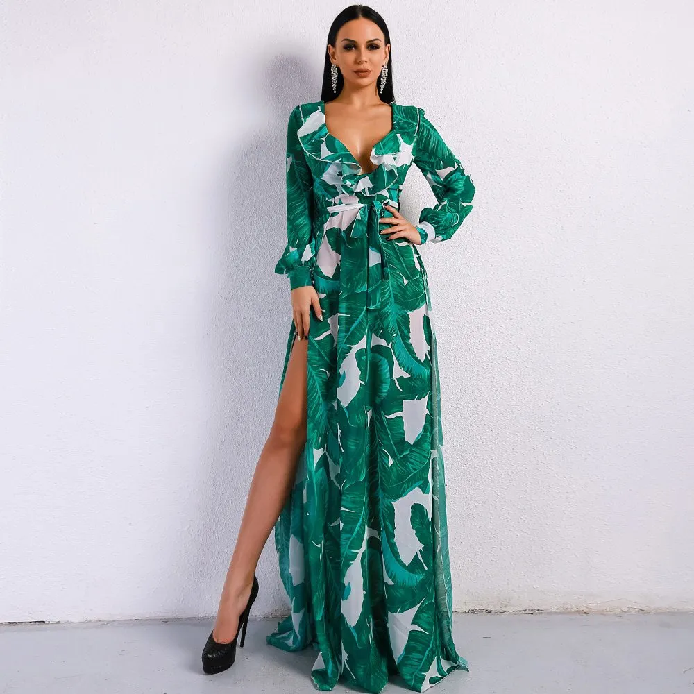 Women's Summer V-Neck Long Dress With Split Print