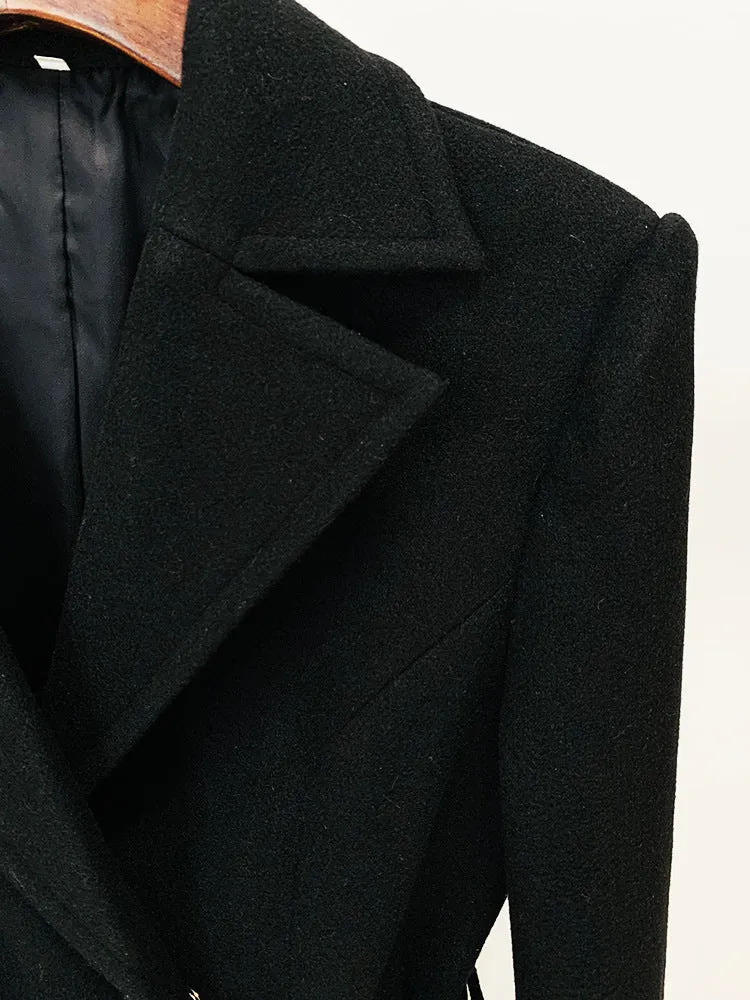 Women's Winter Autumn Golden BUCKLE Belt Black Long Coat, Wedding, Formal Events