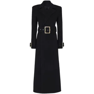 Women's Winter Autumn Golden BUCKLE Belt Black Long Coat, Wedding, Formal Events