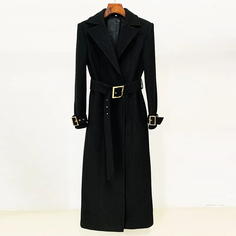 Women's Winter Autumn Golden BUCKLE Belt Black Long Coat, Wedding, Formal Events